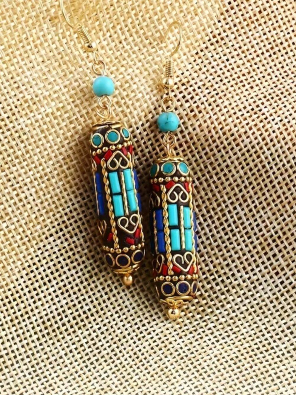 NWT 14k Gold Plated Boho Mosaic Bead Statement Dangle Earrings Turquoise Red Fau